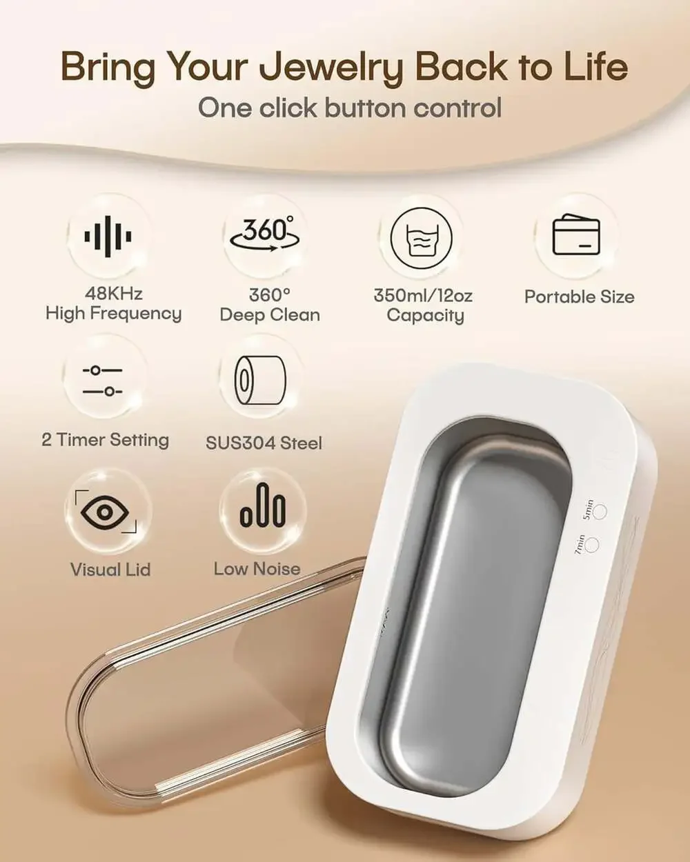 Ultrasonic Jewelry Cleaner 48Khz Stainless Steel 350Ml Deep Clean for Rings